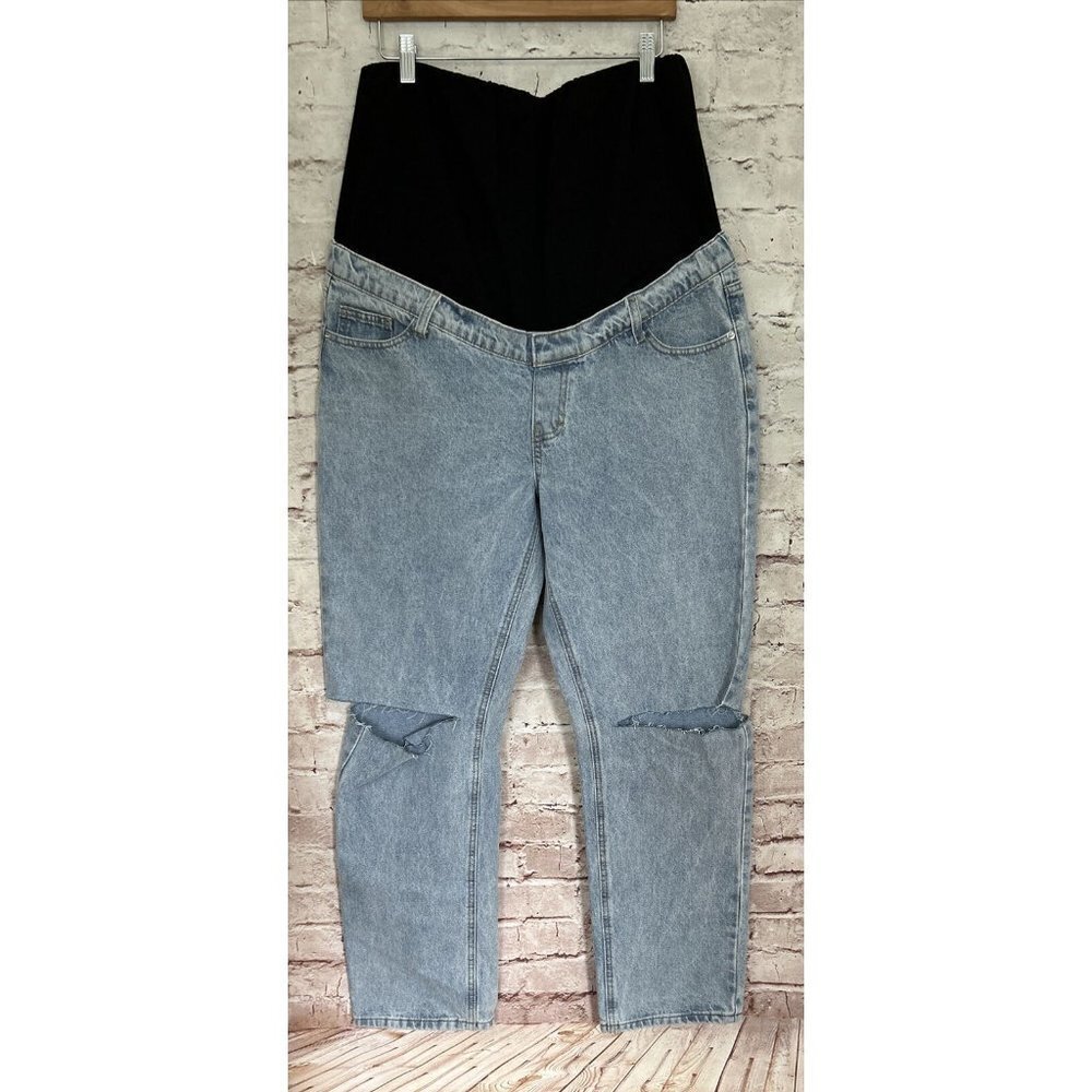 Pretty Little Thing Maternity Jean Straight Leg Light Wash Ripped Knee US 12 NEW